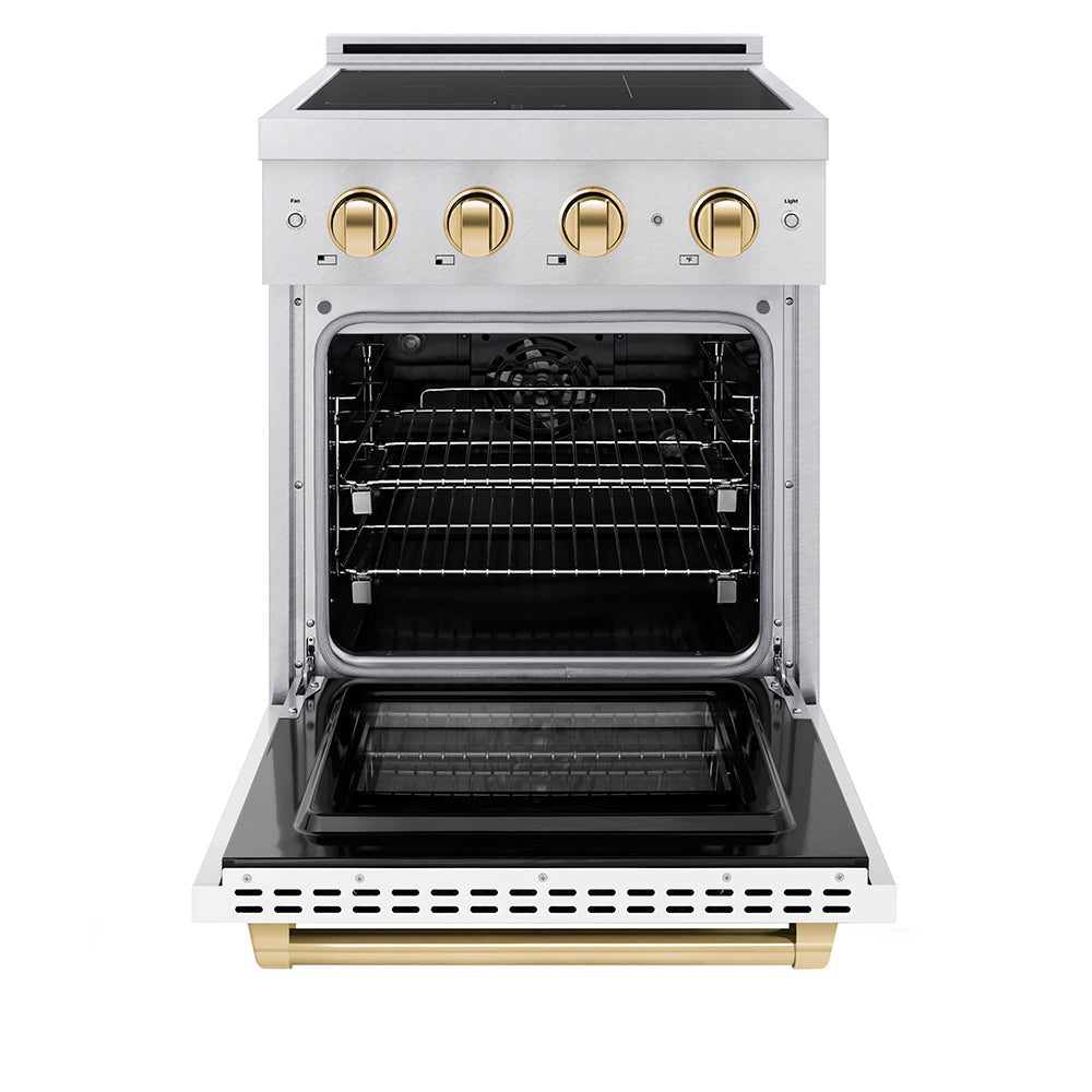 ZLINE 24 in Induction Range 3.2 cu. ft. Electric Convection Oven Satin Stainless Steel White Matte Door Polished Gold Accents (SINRSZ-WM-24-G)