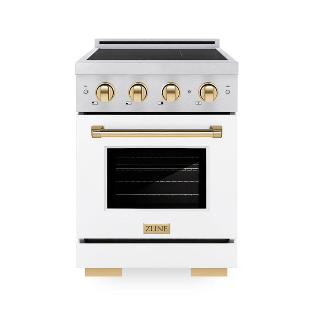 ZLINE 24 in Induction Range 3.2 cu. ft. Electric Convection Oven Satin Stainless Steel White Matte Door Polished Gold Accents (SINRSZ-WM-24-G)