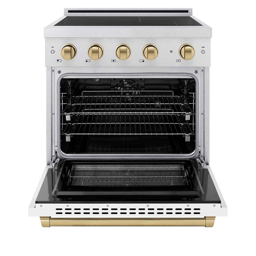 ZLINE 30 in. Induction Range 4.2 cu. ft. Electric Convection Oven 4 Elements Satin Stainless Steel White Matte Door Champagne Bronze Accents (SINRSZ-WM-30-CB)