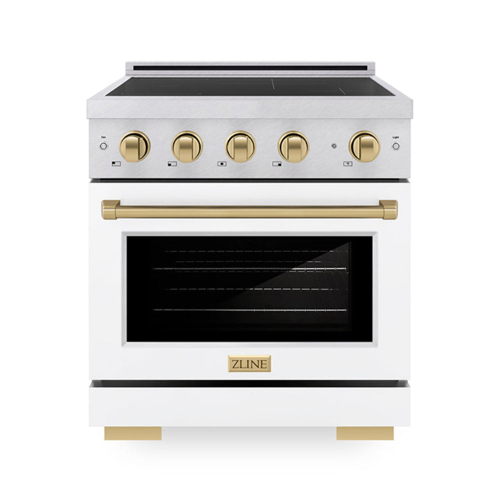ZLINE 30 in. Induction Range 4.2 cu. ft. Electric Convection Oven 4 Elements Satin Stainless Steel White Matte Door Champagne Bronze Accents (SINRSZ-WM-30-CB)