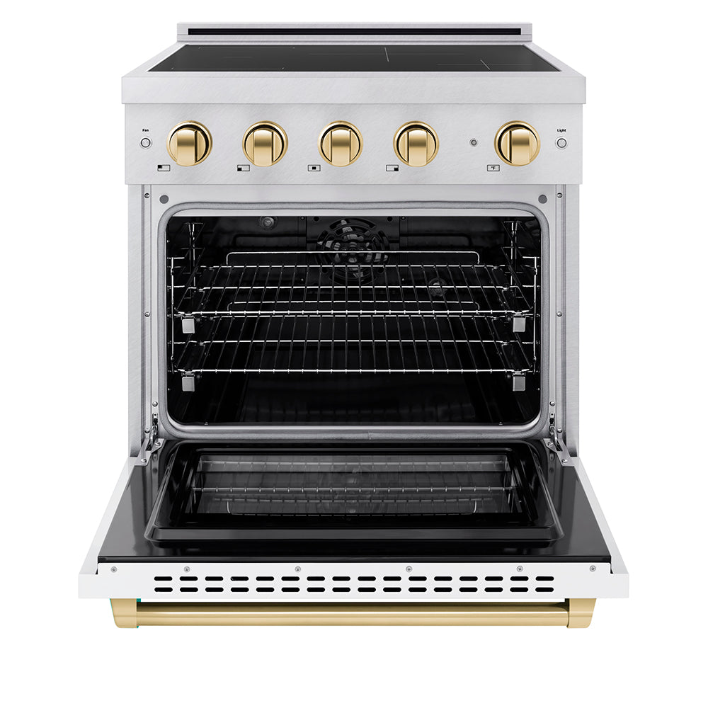 ZLINE 30 in. Induction Range 4.2 cu. ft. Electric Convection Oven 4 Element Cooktop Satin Stainless Steel White Matte Door Polished Gold Accents (SINRSZ-WM-30-G)
