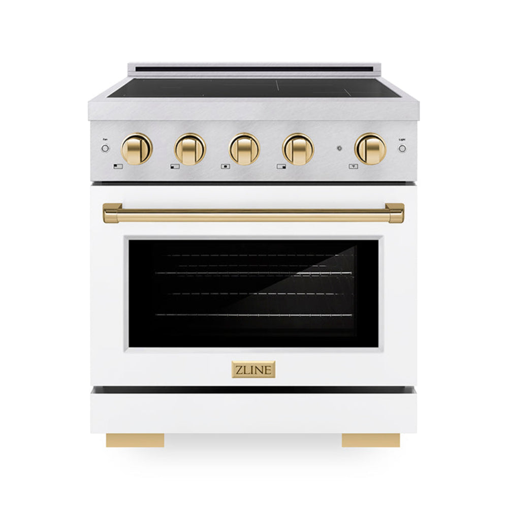 ZLINE 30 in. Induction Range 4.2 cu. ft. Electric Convection Oven 4 Element Cooktop Satin Stainless Steel White Matte Door Polished Gold Accents (SINRSZ-WM-30-G)