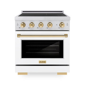 ZLINE 30 in. Induction Range 4.2 cu. ft. Electric Convection Oven 4 Element Cooktop Satin Stainless Steel White Matte Door Polished Gold Accents (SINRSZ-WM-30-G)