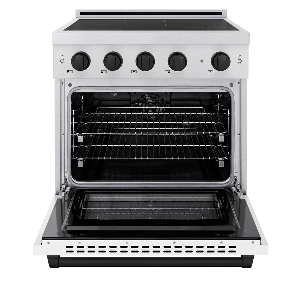 ZLINE 30 in. Induction Range 4.2 cu. ft. 4 Element Cooktop Electric Convection Oven Satin Stainless Steel White Matte Door Matte Black Accents (SINRSZ-WM-30-MB)