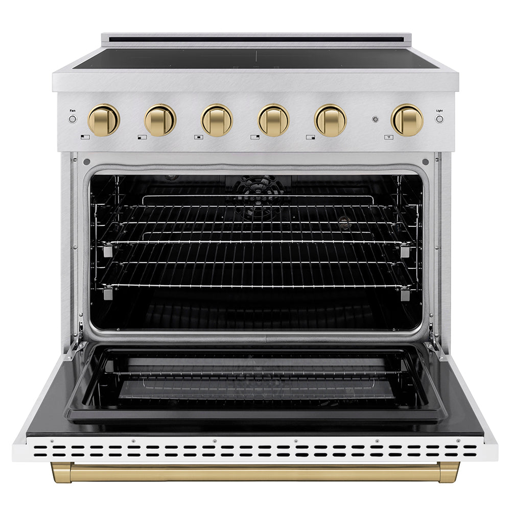 ZLINE 36 in. Induction Range 5.2 cu. ft. 5 Element Cooktop Electric Convection Oven Satin Stainless Steel White Matte Door Champagne Bronze Accents (SINRSZ-WM-36-CB)