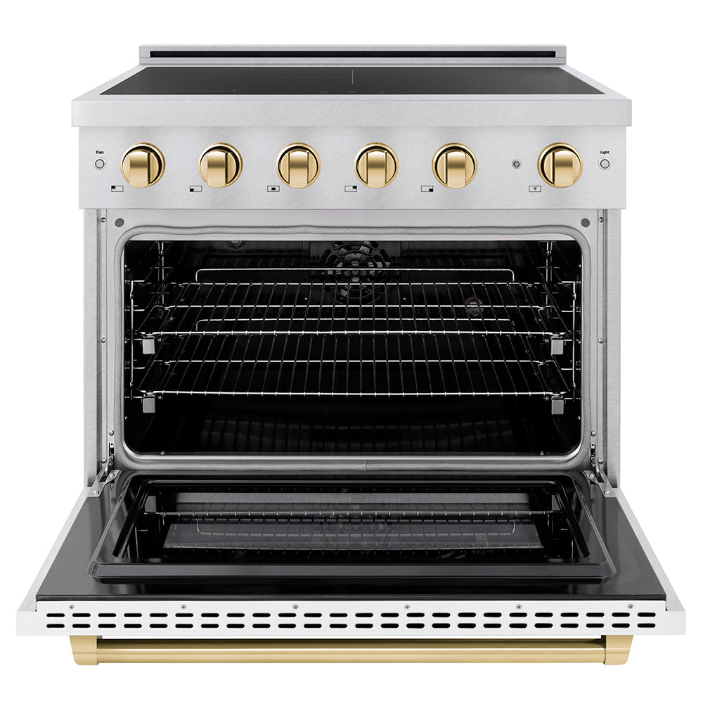 ZLINE 36 in. Induction Range 5.2 cu. ft. 5 Elements Electric Convection Oven Satin Stainless Steel White Matte Door Polished Gold Accents (SINRSZ-WM-36-G)