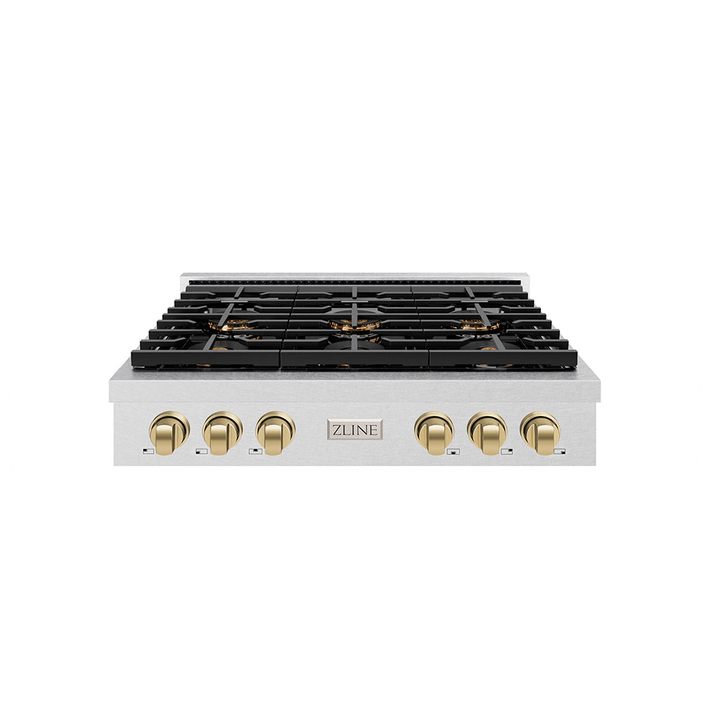ZLINE Autograph 36" Paramount Gas Rangetop with 6 Burner DuoPro™ Cooktop in Satin Stainless Steel and Champagne Bronze Accents, PSRTSZ-36-CB