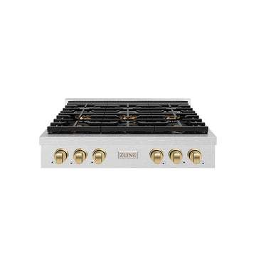 ZLINE Autograph 36" Paramount Gas Rangetop with 6 Burner DuoPro™ Cooktop in Satin Stainless Steel and Champagne Bronze Accents, PSRTSZ-36-CB