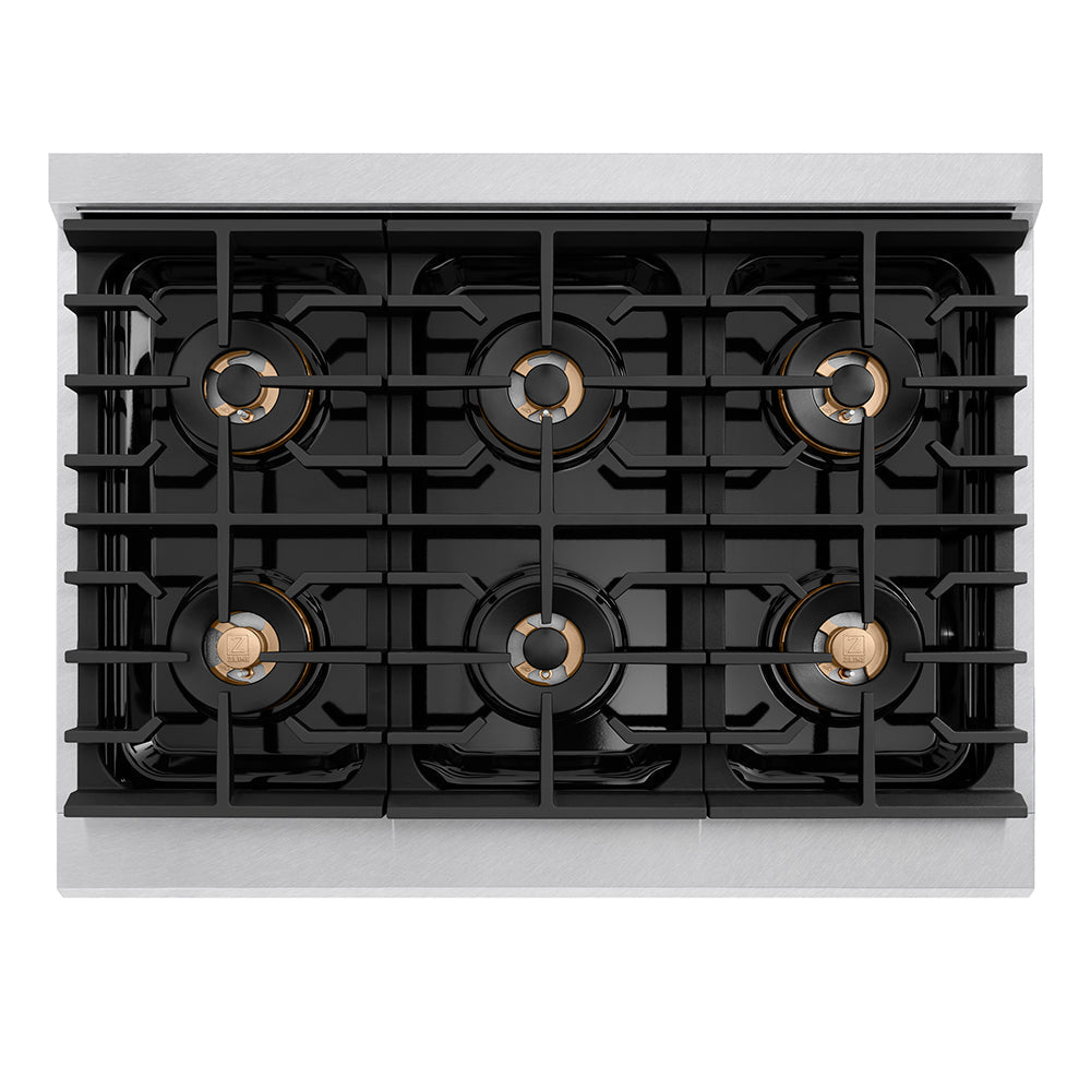 ZLINE Autograph 36" Paramount Gas Rangetop with 6 Burner DuoPro™ Cooktop in Satin Stainless Steel and Matte Black Accents, PSRTSZ-36-MB