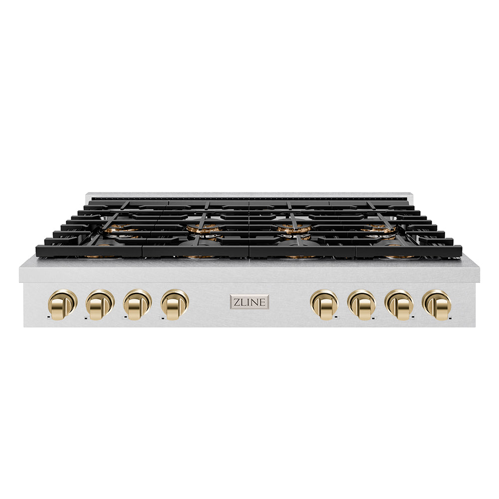 ZLINE Autograph 48" Paramount Gas Rangetop with 8 Burner DuoPro™ Cooktop in Satin Stainless Steel and Polished Gold Accents, PSRTSZ-48-G