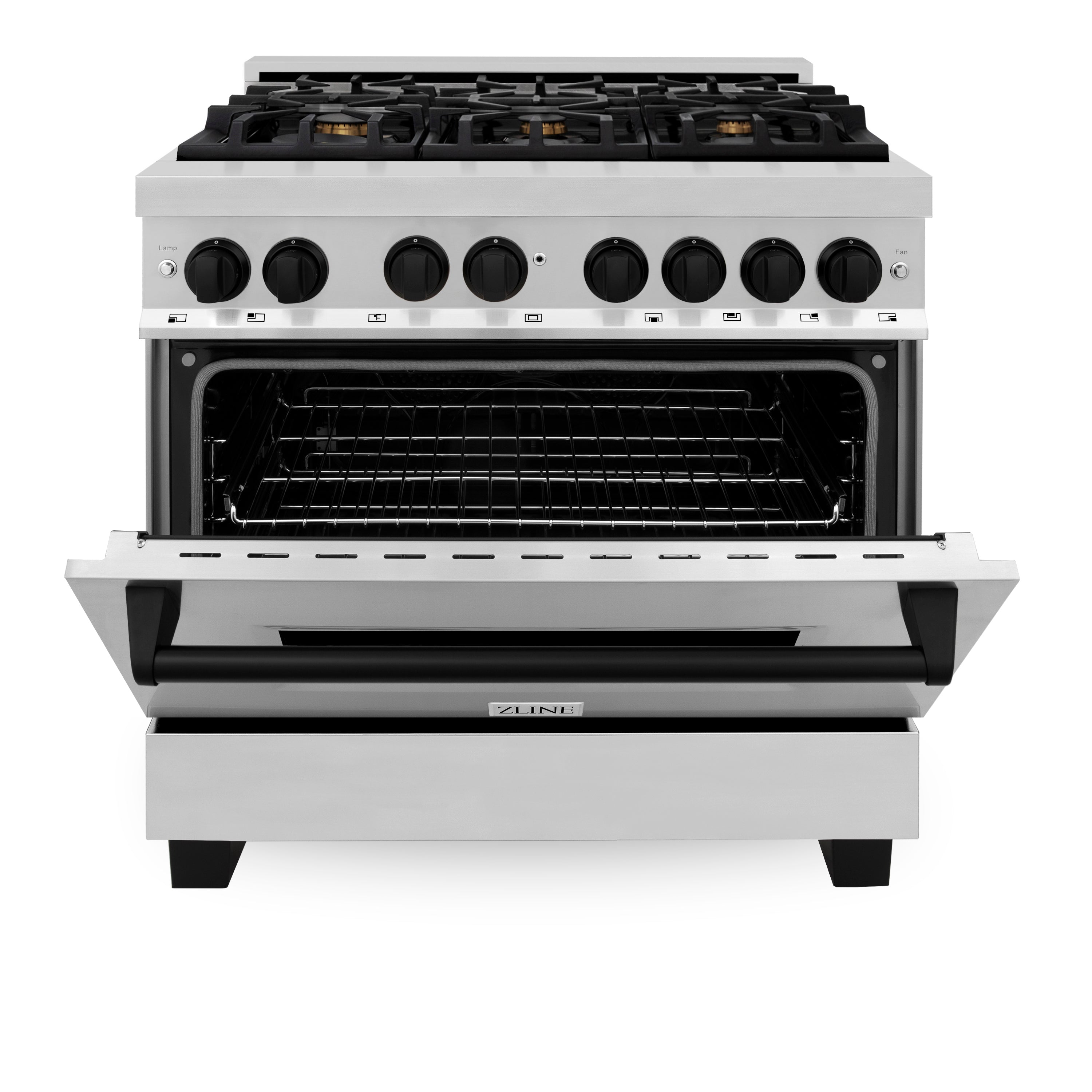 ZLINE Autograph Edition 36 in. 4.6 cu. ft. Dual Fuel Range with Gas Cooktop and Electric Convection Oven in Stainless Steel with Black Matte Accents (RAZ-36-MB)