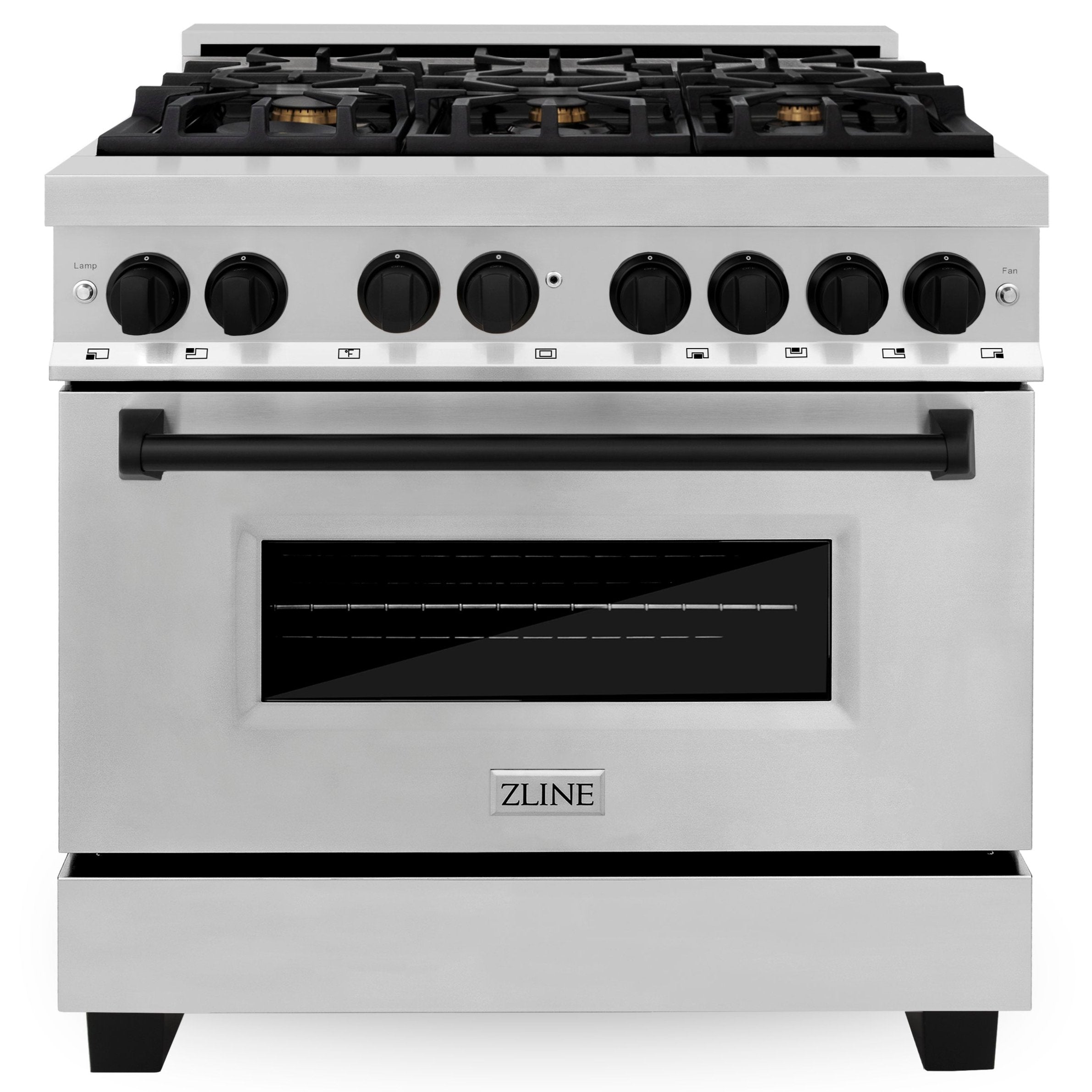 ZLINE Autograph Edition 36 in. 4.6 cu. ft. Dual Fuel Range with Gas Cooktop and Electric Convection Oven in Stainless Steel with Black Matte Accents (RAZ-36-MB)