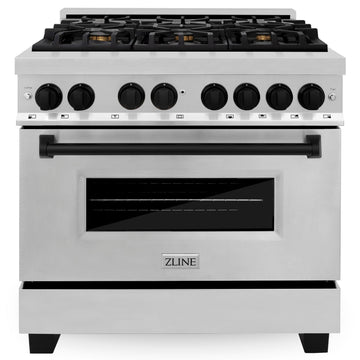 ZLINE Autograph Edition 36 in. 4.6 cu. ft. Dual Fuel Range with Gas Cooktop and Electric Convection Oven in Stainless Steel with Black Matte Accents (RAZ-36-MB)