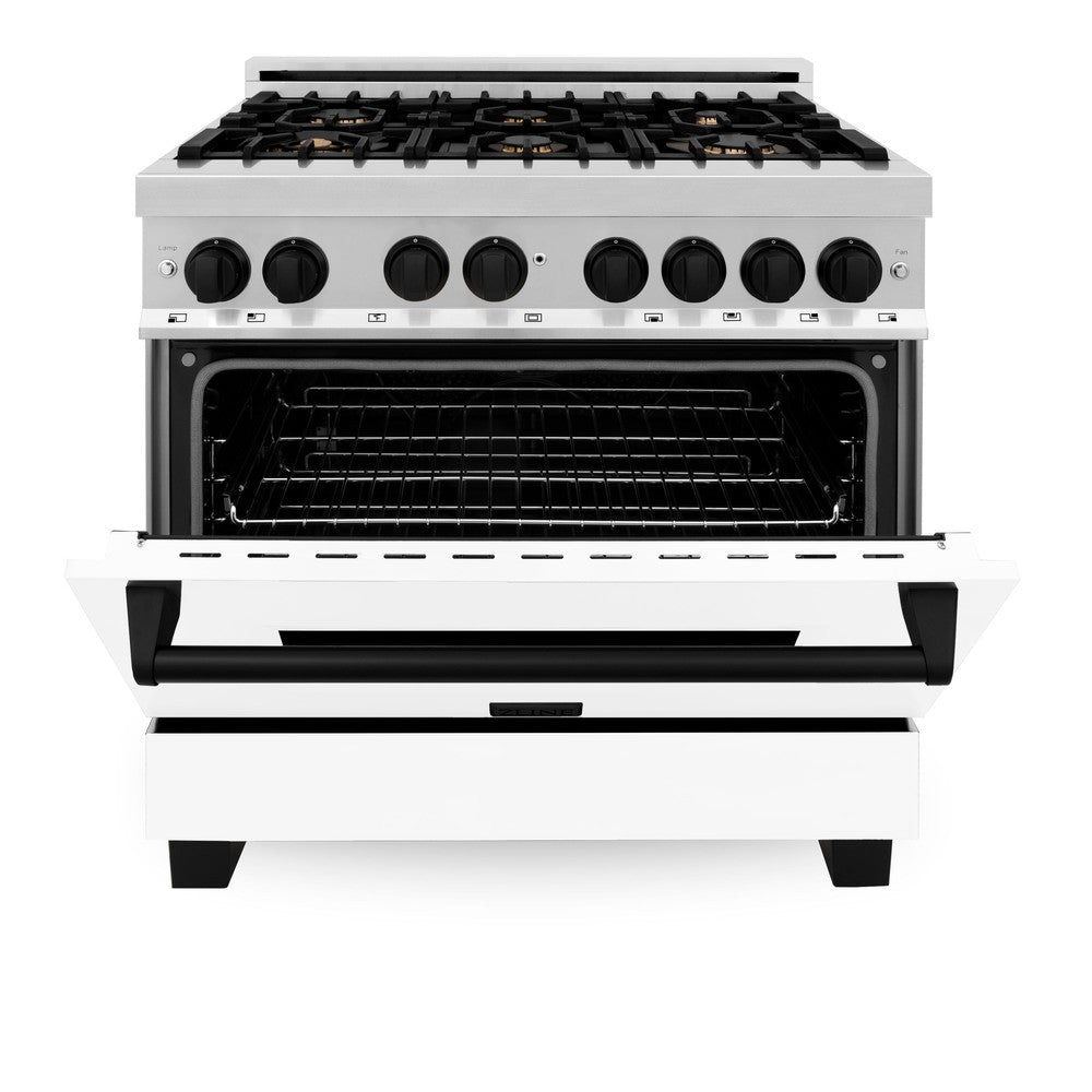 ZLINE Autograph 36 in. 4.6 cu. ft. Dual Fuel Range in Stainless Steel with White Matte Door and Matte Black Accents (RAZ-WM-36-MB)
