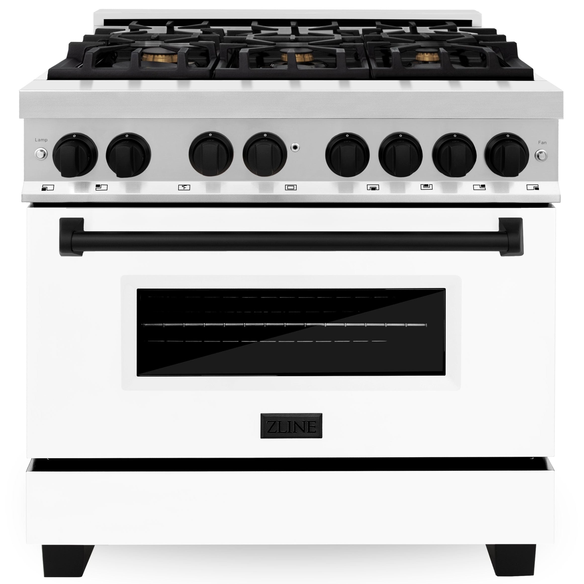 ZLINE Autograph 36 in. 4.6 cu. ft. Dual Fuel Range in Stainless Steel with White Matte Door and Matte Black Accents (RAZ-WM-36-MB)