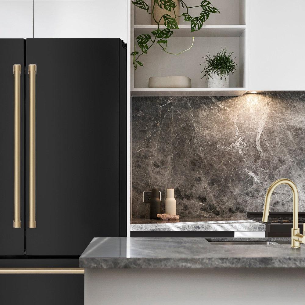 ZLINE Kitchen and Bath 36-Inch French Door Refrigerator 22.5 cu. ft. Counter-Depth Ice Maker Black Stainless Steel with Champagne Bronze Accents (RFMZ-36-BS-CB)