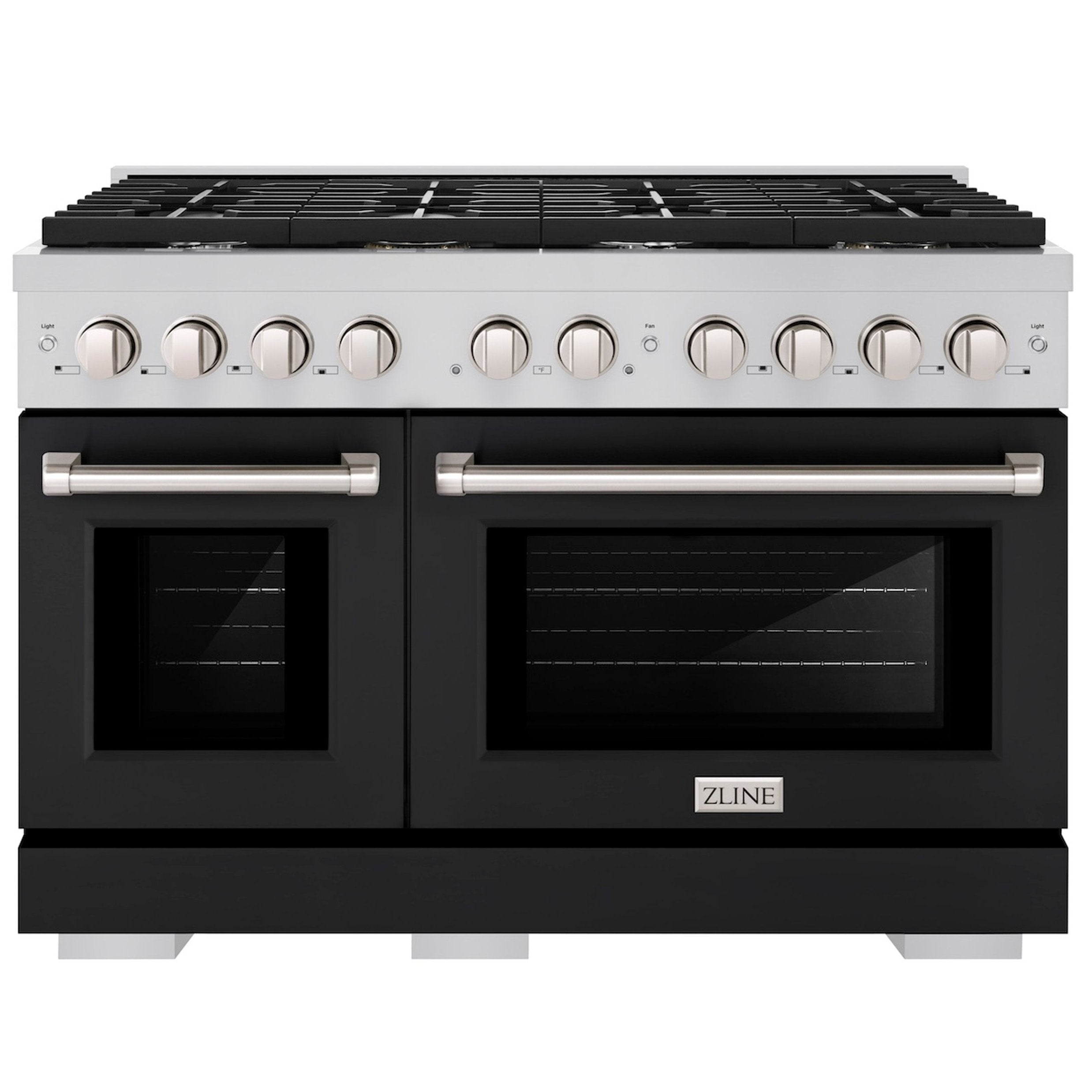 ZLINE 48 in. Paramount Double Oven Dual Fuel Range, 6.7 cu. ft., 8 Burner Gas Cooktop, Electric Convection Ovens, Stainless Steel with Black Matte Doors, SDR-BLM-48