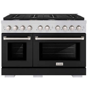 ZLINE 48 in. Paramount Double Oven Dual Fuel Range, 6.7 cu. ft., 8 Burner Gas Cooktop, Electric Convection Ovens, Stainless Steel with Black Matte Doors, SDR-BLM-48