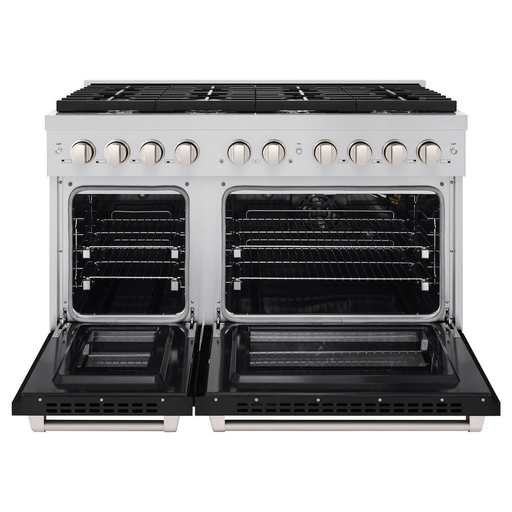 ZLINE 48 in. Paramount Double Oven Dual Fuel Range, 6.7 cu. ft., 8 Burner Gas Cooktop, Electric Convection Ovens, Stainless Steel with Black Matte Doors, SDR-BLM-48