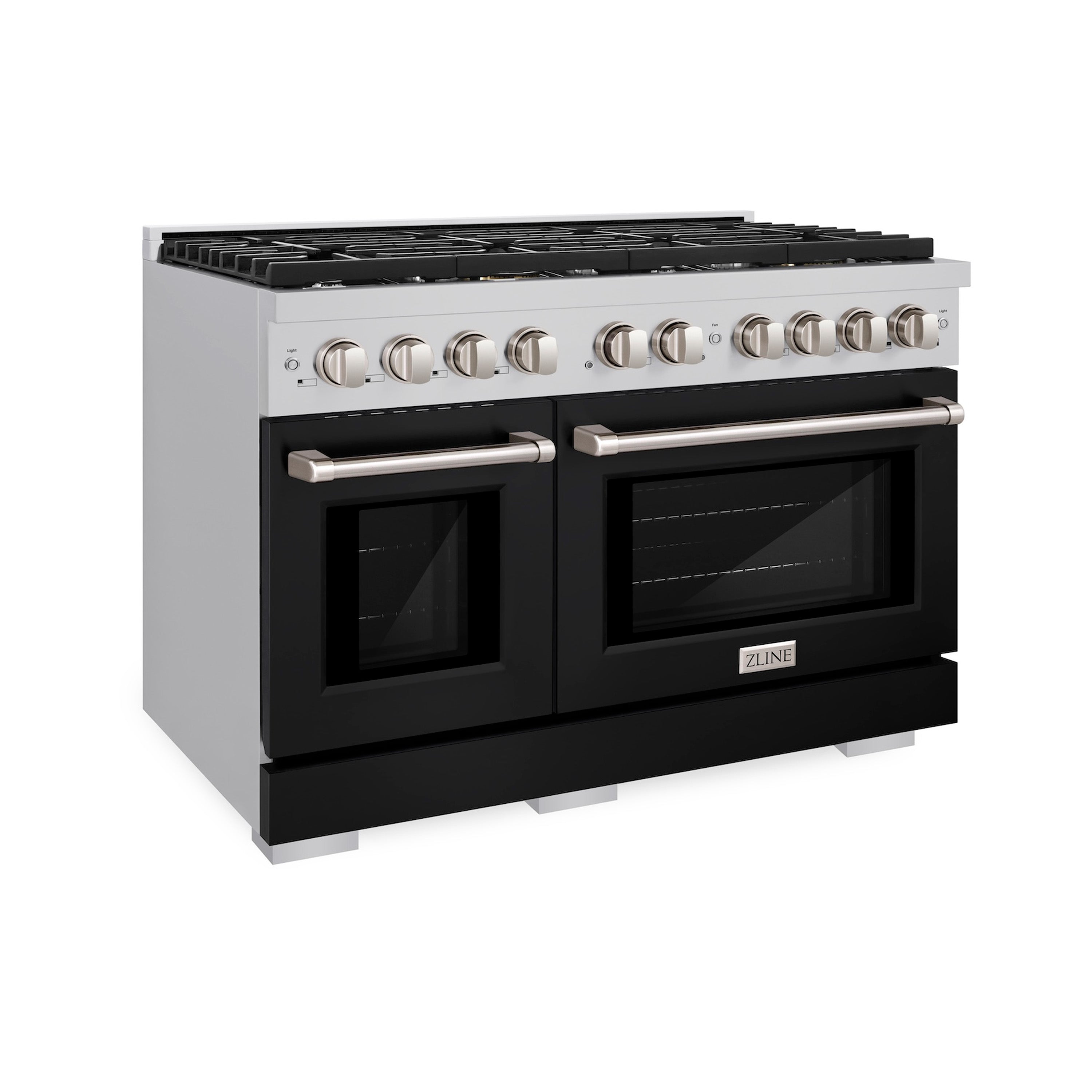 ZLINE 48 in. Paramount Double Oven Dual Fuel Range, 6.7 cu. ft., 8 Burner Gas Cooktop, Electric Convection Ovens, Stainless Steel with Black Matte Doors, SDR-BLM-48