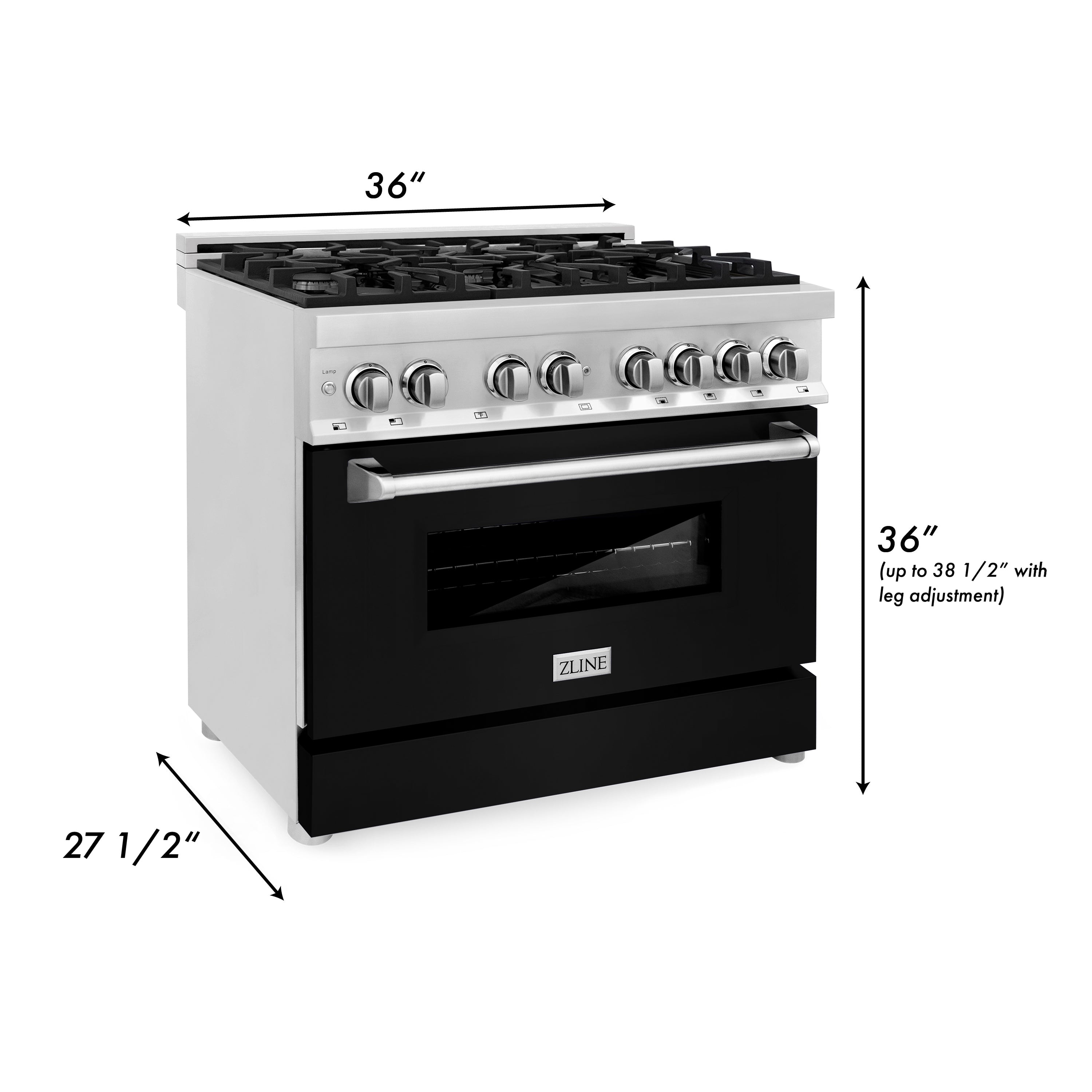 ZLINE 36" Dual Fuel Range with Gas Burners and Electric Oven, Stainless Steel with Black Matte Door (RA-BLM-36)