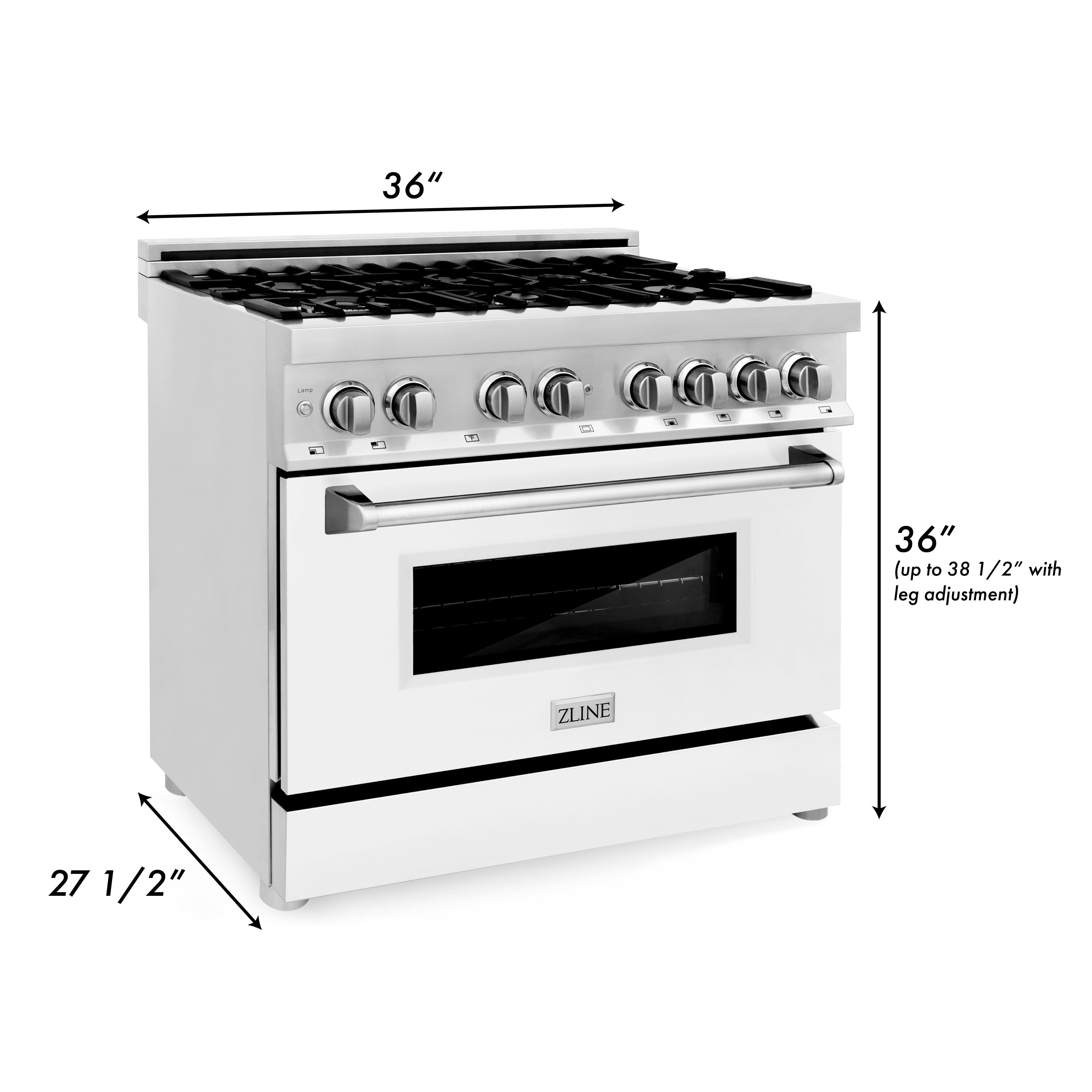 ZLINE 36-Inch Dual Fuel Range with Gas Cooktop, Electric Oven, Griddle, and White Matte Door in Stainless Steel, 4.6 cu. ft. (RA-WM-GR-36)