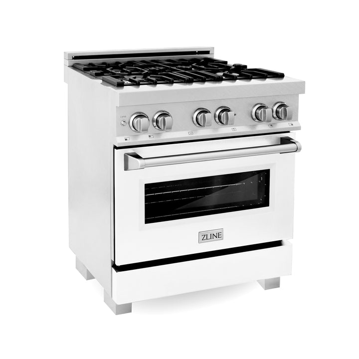 ZLINE Legacy 30 in. Dual Fuel Range with 4 Burner Gas Cooktop and 4.0 cu. ft. Electric Convection Oven in Satin Stainless Steel with White Matte Door (RAS-WM-30)