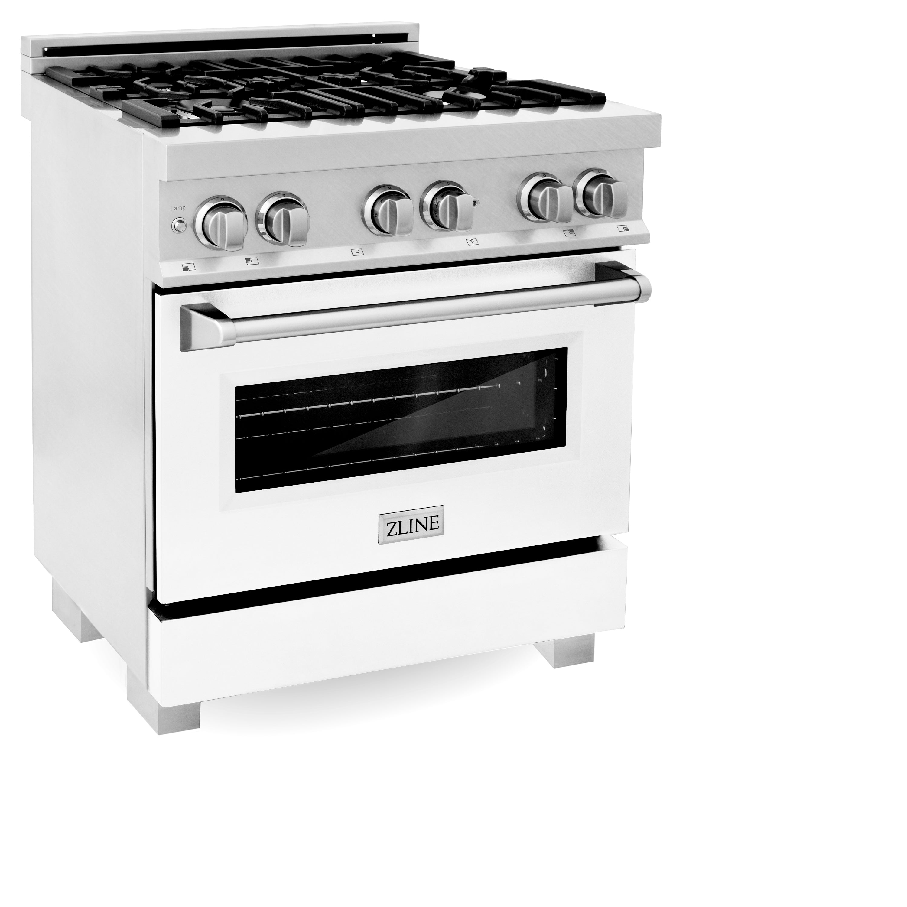 ZLINE 30-in Legacy Dual Fuel Range, 4.0 cu. ft., 4 Burner Gas Cooktop with Griddle and Electric Convection Oven, Satin Stainless Steel with White Matte Door, Model RAS-WM-GR-30
