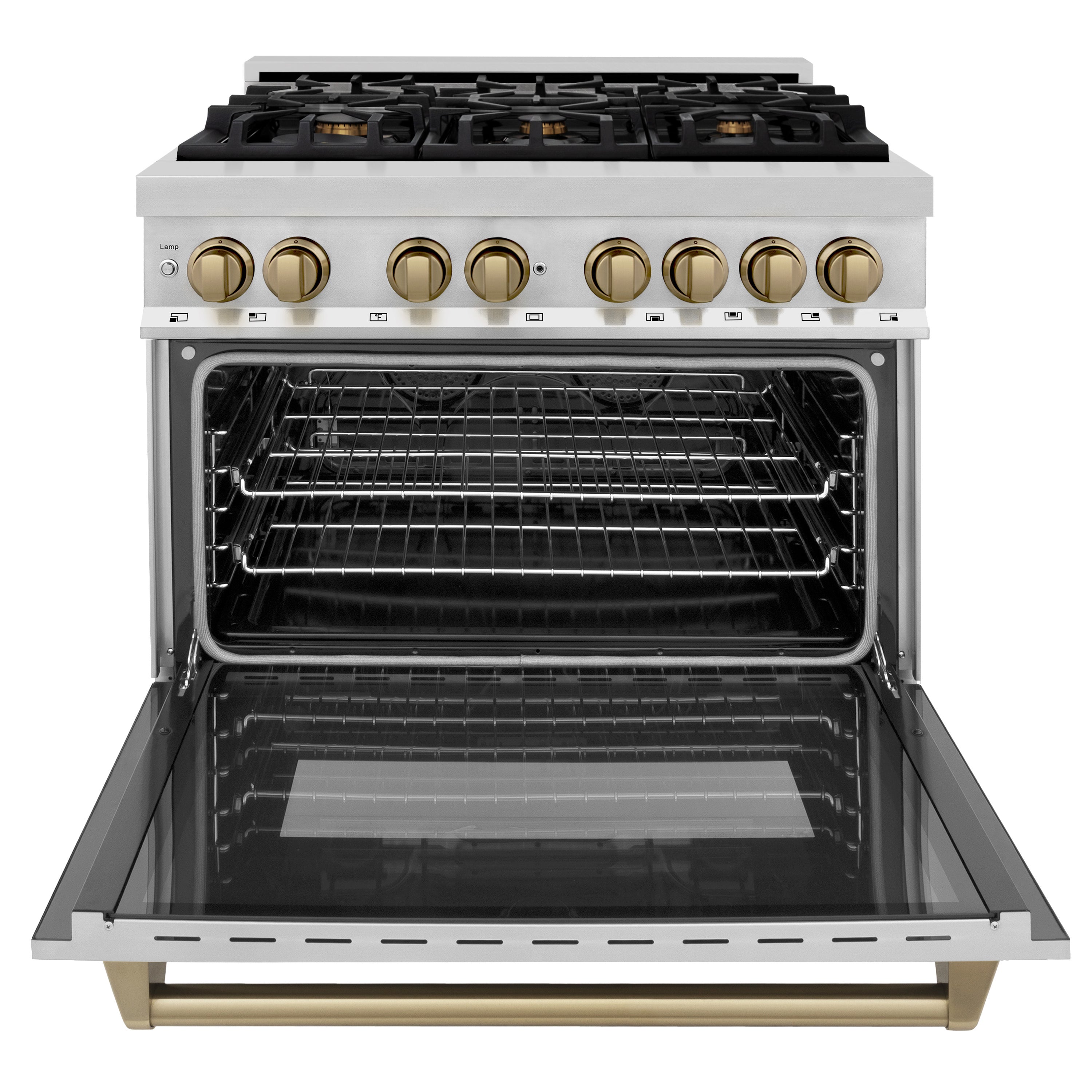 ZLINE Autograph Edition 36-Inch Dual Fuel Range, 4.6 cu. ft., Stainless Steel with Bronze Accents (Model RAZ-36-CB)