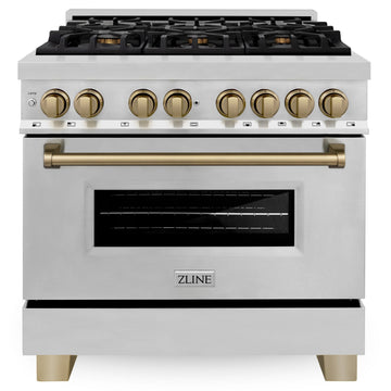 ZLINE Autograph Edition 36-Inch Dual Fuel Range, 4.6 cu. ft., Stainless Steel with Bronze Accents (Model RAZ-36-CB)