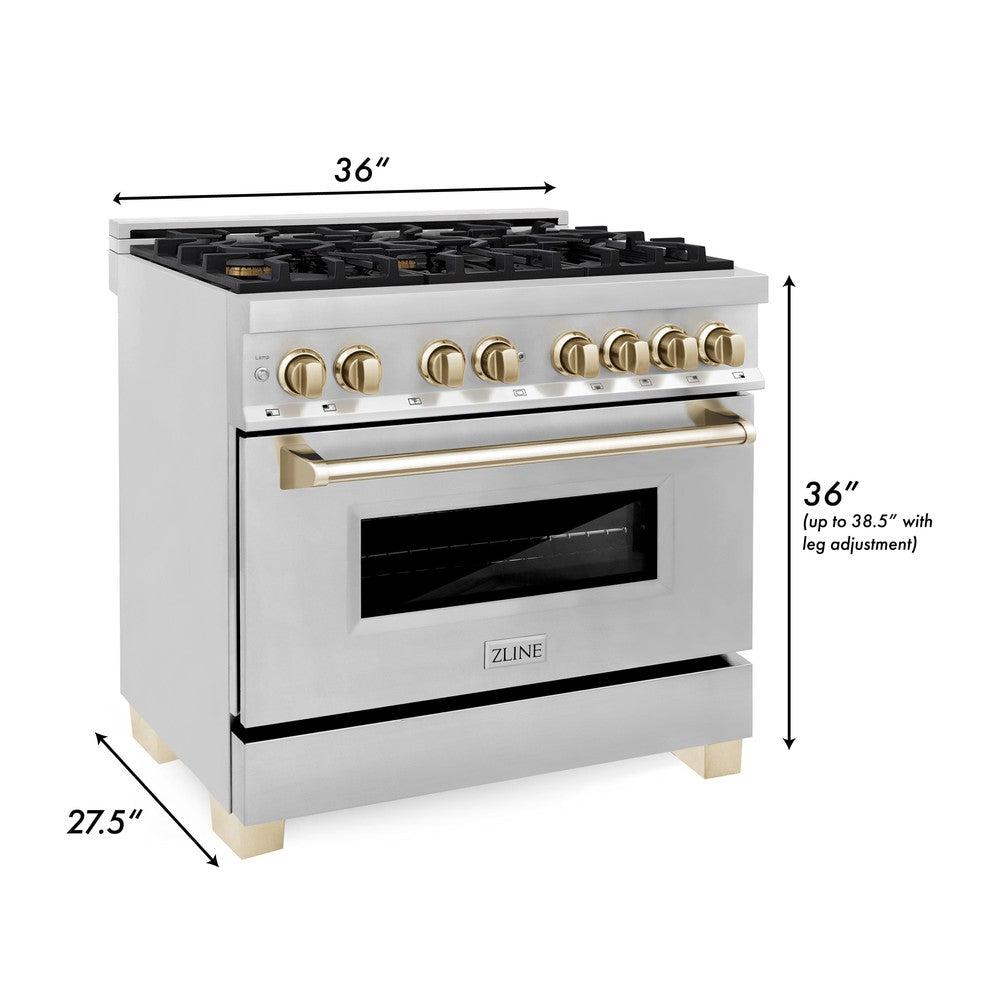 ZLINE Autograph Edition 36-inch Dual Fuel Range, 4.6 cu ft Oven, Stainless Steel with Gold Accents (Model RAZ-36-G)