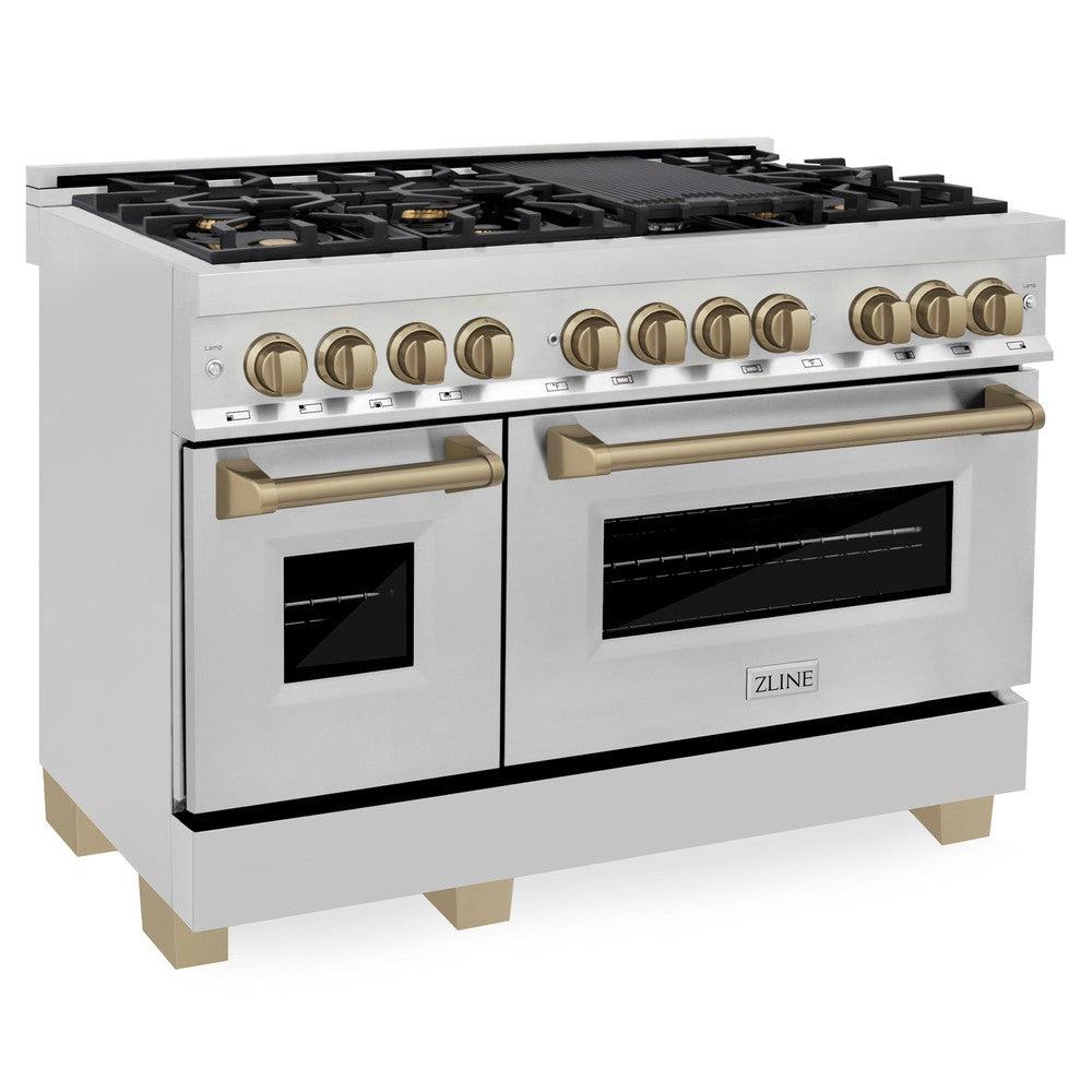 ZLINE Autograph Edition 48 in. Dual Fuel Range, 6.0 cu. ft. Oven, Stainless Steel with Champagne Bronze Accents (Model RAZ-48-CB)