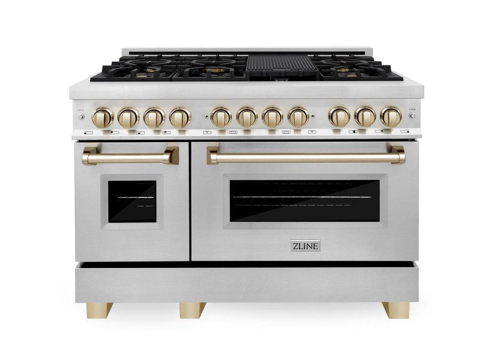 ZLINE Autograph Edition 48-Inch Dual Fuel Range, 6.0 cu. ft. Oven, Stainless Steel with Gold Accents (Model RAZ-48-G)