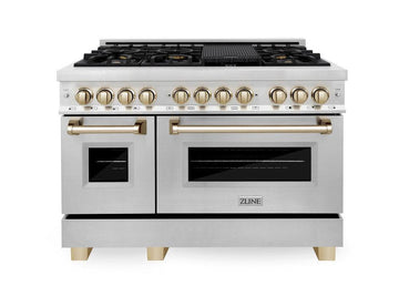 ZLINE Autograph Edition 48-Inch Dual Fuel Range, 6.0 cu. ft. Oven, Stainless Steel with Gold Accents (Model RAZ-48-G)
