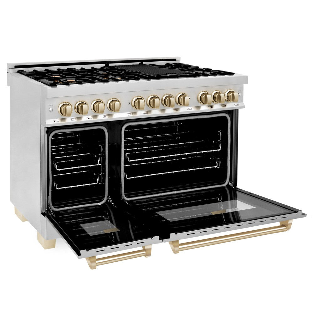 ZLINE Autograph Edition 48-Inch Dual Fuel Range, 6.0 cu. ft. Oven, Stainless Steel with Gold Accents (Model RAZ-48-G)