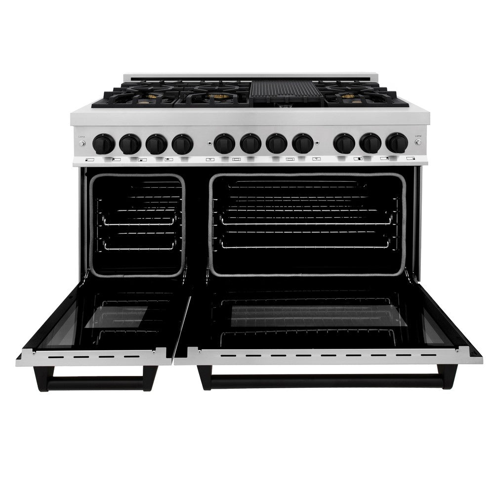 ZLINE Autograph Edition 48 in. 6.0 cu. ft. Dual Fuel Range with Gas Cooktop and Electric Convection Oven in Stainless Steel with Black Matte Accents (RAZ-48-MB)