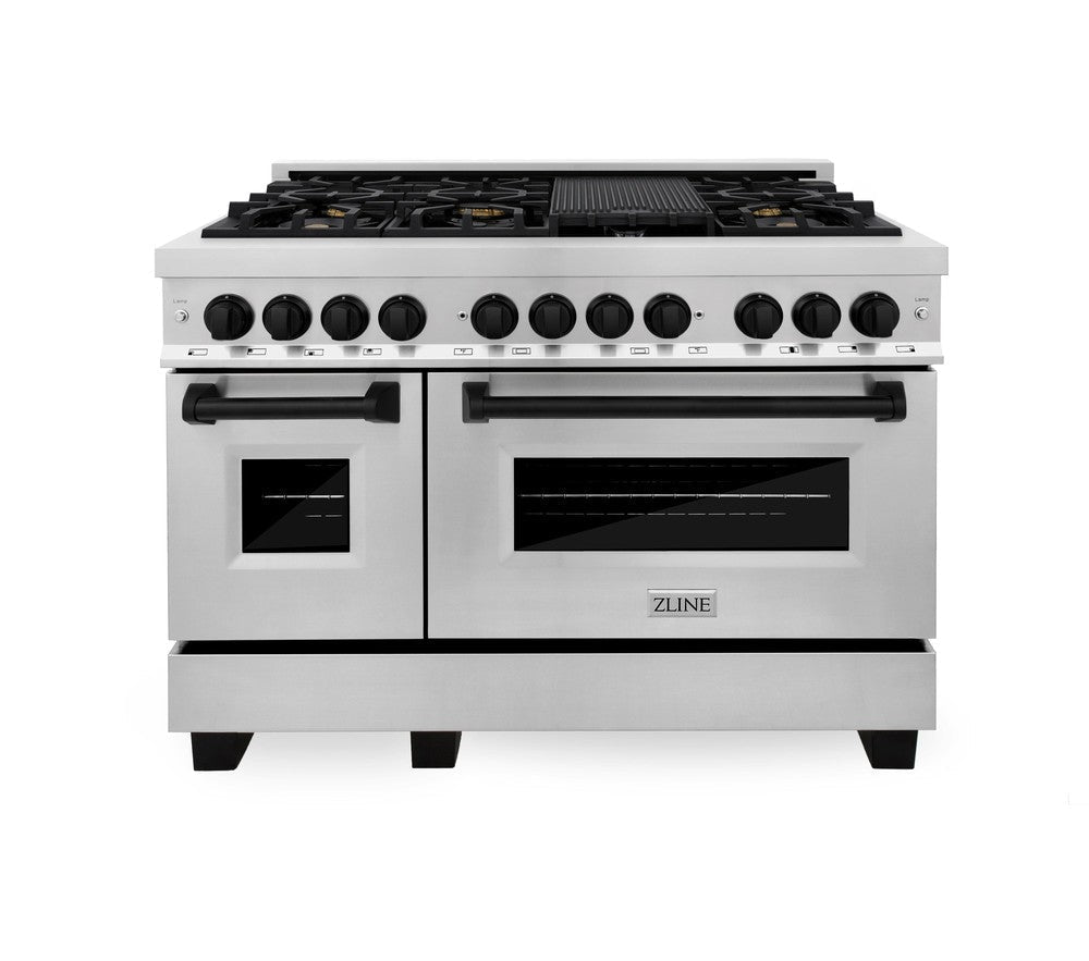 ZLINE Autograph Edition 48 in. 6.0 cu. ft. Dual Fuel Range with Gas Cooktop and Electric Convection Oven in Stainless Steel with Black Matte Accents (RAZ-48-MB)