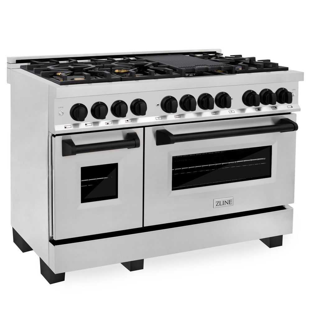 ZLINE Autograph Edition 48 in. 6.0 cu. ft. Dual Fuel Range with Gas Cooktop and Electric Convection Oven in Stainless Steel with Black Matte Accents (RAZ-48-MB)