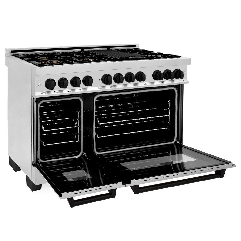 ZLINE Autograph Edition 48 in. 6.0 cu. ft. Dual Fuel Range with Gas Cooktop and Electric Convection Oven in Stainless Steel with Black Matte Accents (RAZ-48-MB)