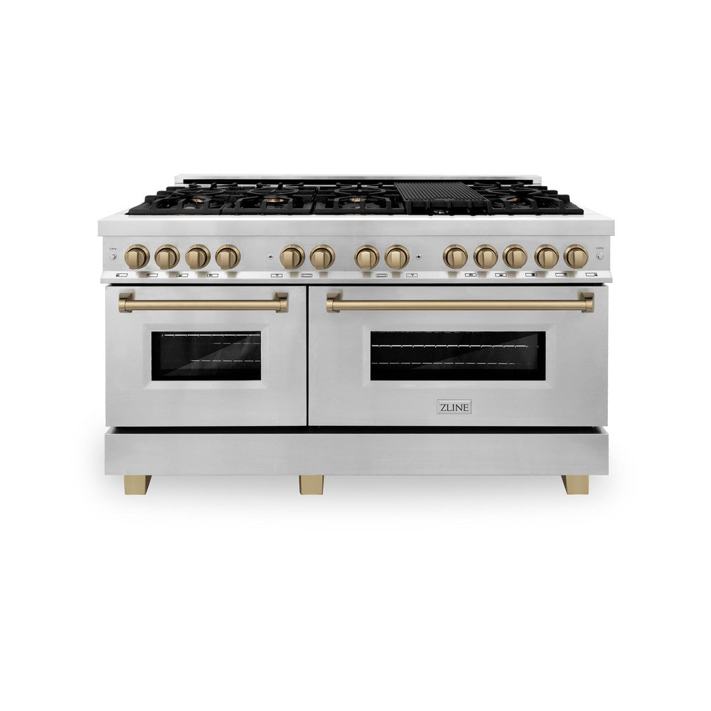 ZLINE Autograph 60 in. 7.4 cu. ft. Dual Fuel Range with Gas Cooktop and Electric Convection Ovens in Stainless Steel with Champagne Bronze Accents (RAZ-60-CB)