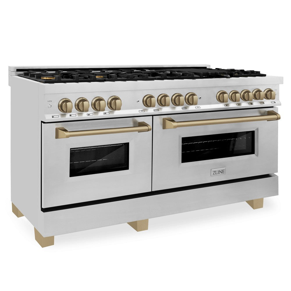 ZLINE Autograph 60 in. 7.4 cu. ft. Dual Fuel Range with Gas Cooktop and Electric Convection Ovens in Stainless Steel with Champagne Bronze Accents (RAZ-60-CB)