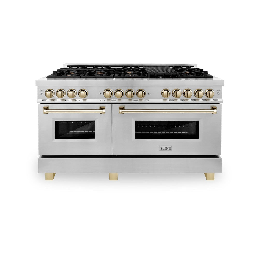 ZLINE Autograph Edition 60 in. 7.4 cu. ft. Dual Fuel Range with Gas Cooktop and Electric Convection Oven in Stainless Steel with Gold Accents (RAZ-60-G)