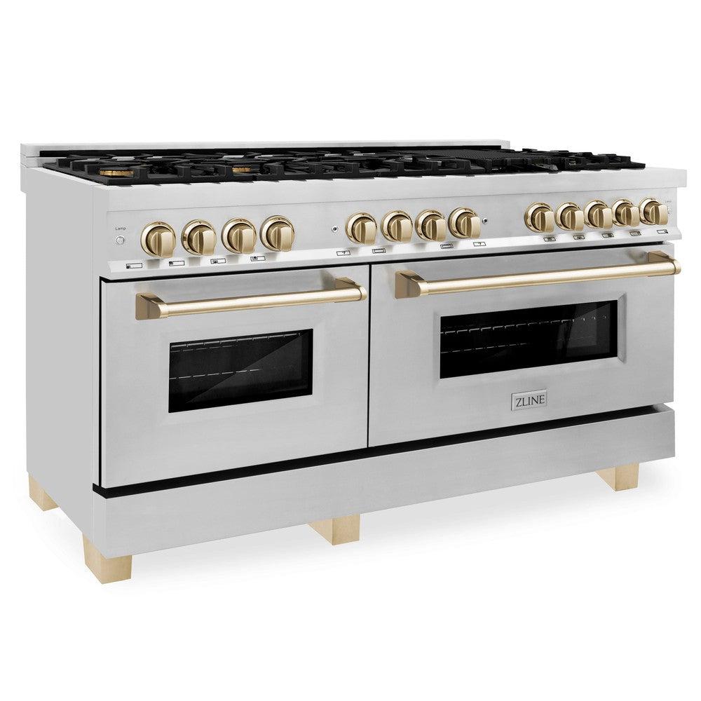 ZLINE Autograph Edition 60 in. 7.4 cu. ft. Dual Fuel Range with Gas Cooktop and Electric Convection Oven in Stainless Steel with Gold Accents (RAZ-60-G)