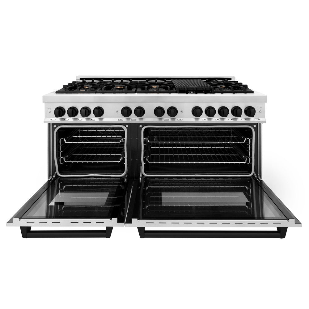 ZLINE Autograph Edition 60-Inch Dual Fuel Range with 7.4 cu. ft. Electric Convection Oven, Stainless Steel with Black Matte Accents (Model RAZ-60-MB)