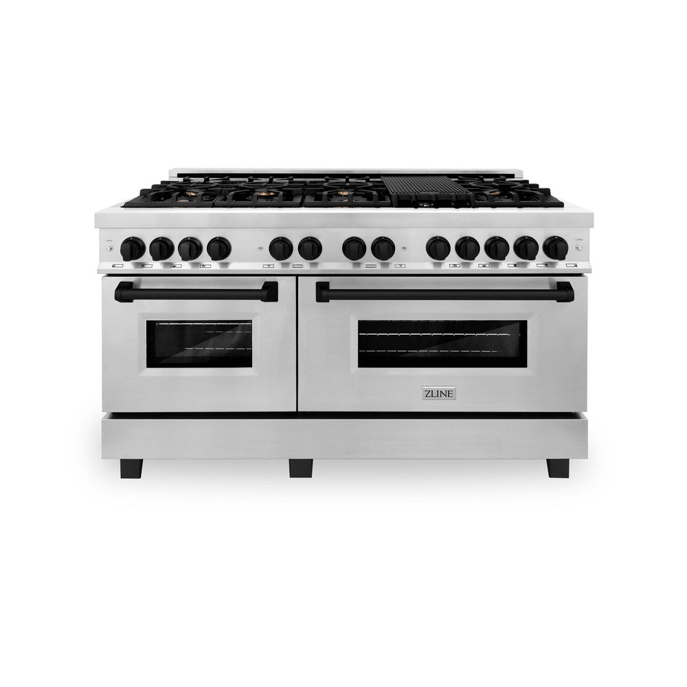 ZLINE Autograph Edition 60-Inch Dual Fuel Range with 7.4 cu. ft. Electric Convection Oven, Stainless Steel with Black Matte Accents (Model RAZ-60-MB)