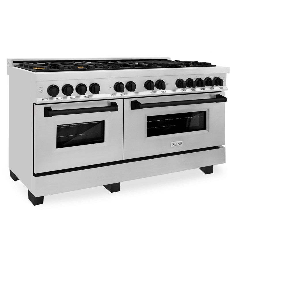 ZLINE Autograph Edition 60-Inch Dual Fuel Range with 7.4 cu. ft. Electric Convection Oven, Stainless Steel with Black Matte Accents (Model RAZ-60-MB)