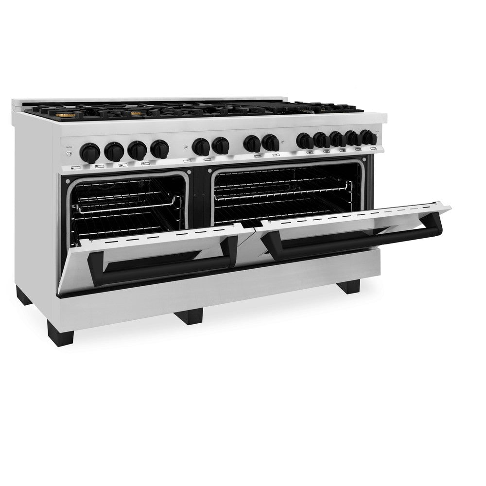 ZLINE Autograph Edition 60-Inch Dual Fuel Range with 7.4 cu. ft. Electric Convection Oven, Stainless Steel with Black Matte Accents (Model RAZ-60-MB)