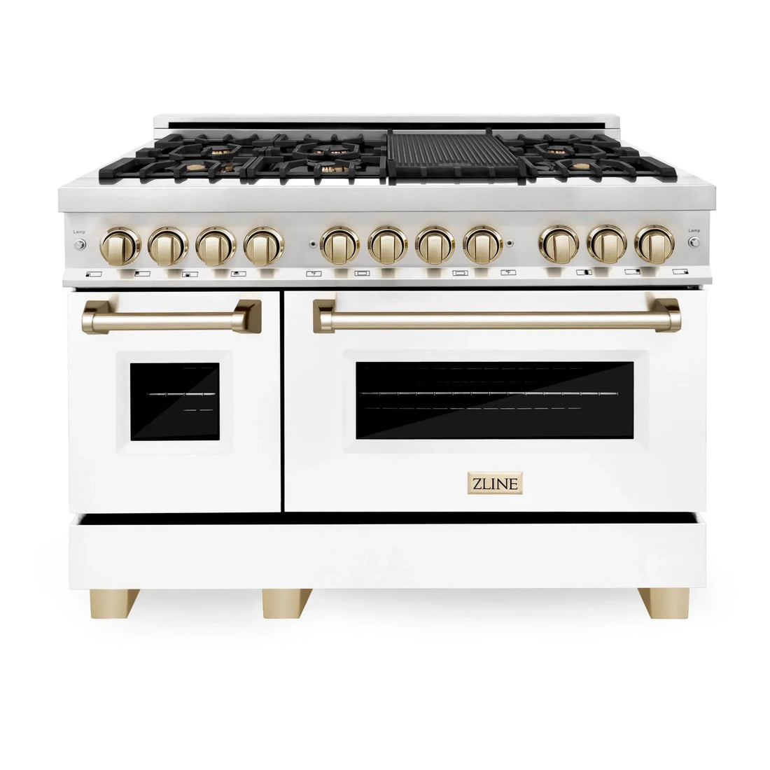 ZLINE Autograph Package - 48" Dual Fuel Range, Hood, Refrigerator with Water and Ice Dispenser, Dishwasher - Gold Accents