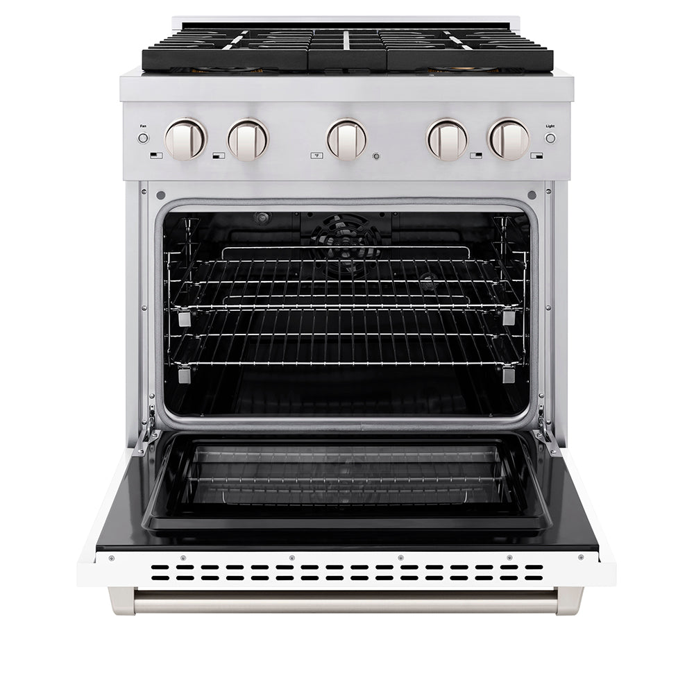 ZLINE 30 in. Dual Fuel Range – 4.2 cu. ft. Capacity – 4 Burner DuoPro™ Cooktop, Electric Convection Oven, White Matte Door (PSDR-WM-30)