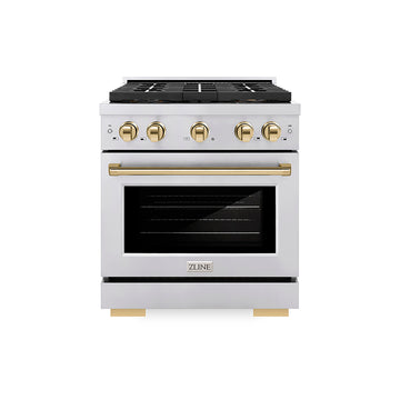 ZLINE 30 in. Dual Fuel Range 4.2 cu. ft. Paramount Series with 4 Burner DuoPro™ Cooktop, Electric Convection Oven, Stainless Steel with Polished Gold Accents (PSDRZ-30-G)